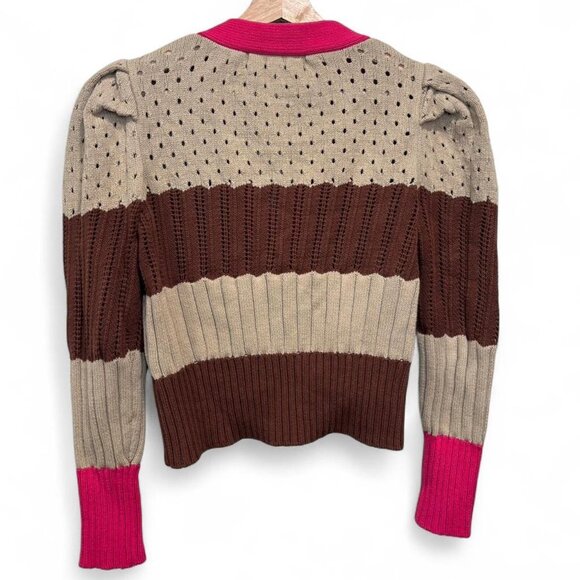 Calligraphy Cropped Colorblock Cardigan Y2K Knit Size Medium - Picture 2 of 5